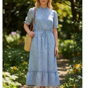 Stella & Julie Blue Floral Smocked Mock Neck Maxi Dress Puff Sleeve Size 6 Boho